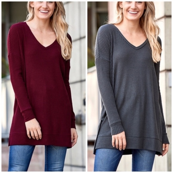 Eggplant Waffle Knit V-Neck Sweater - Picture 3 of 9